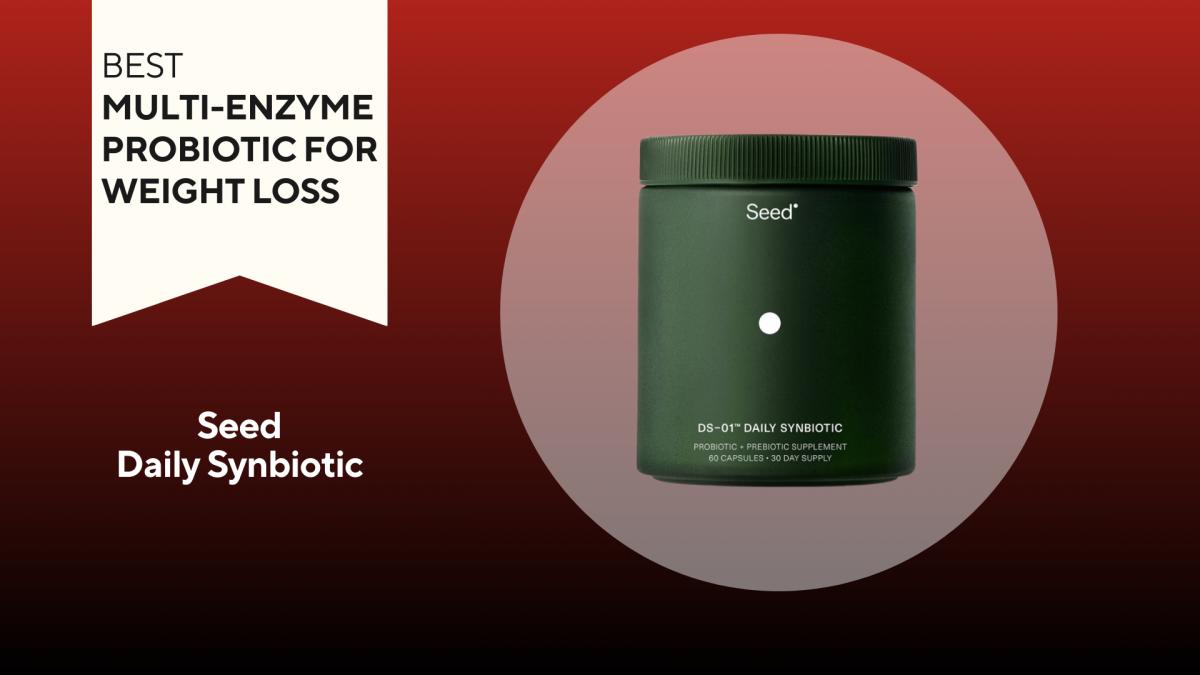 A red and black background with a white banner that reads Best Multi-Enzyme Probiotic for Weight Loss next to a green container of Seed Daily Synbiotic